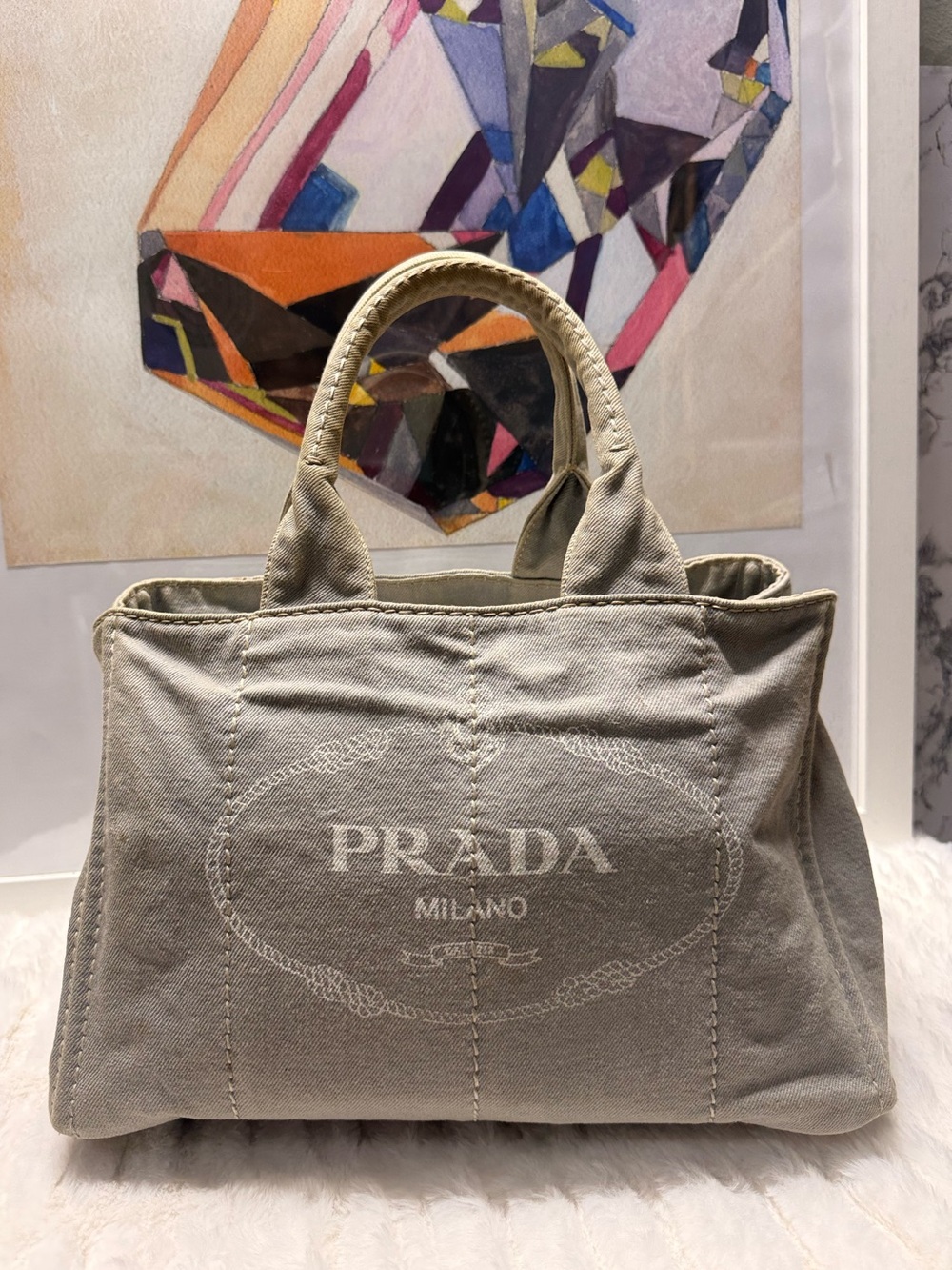 PRADA-Gray Canapa Logo Tote